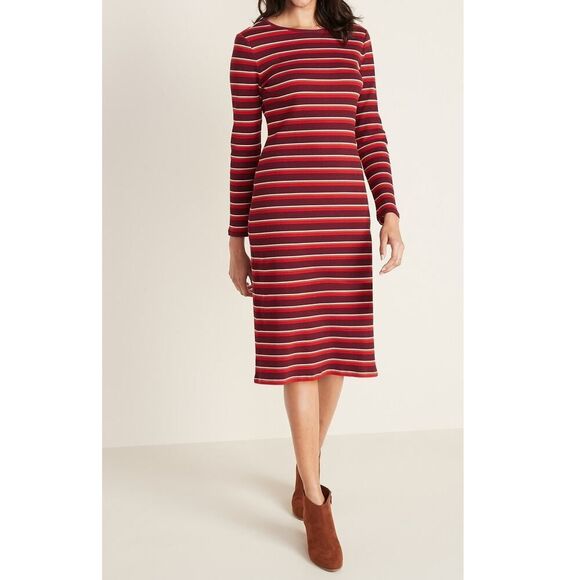 Old Navy Fitted Rib-Knit Midi Shift Dress Striped Women Medium Red Burgundy NWT - Picture 1 of 10